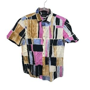 Banana Republic Mens Slim Fit Linen Blend Abstract Geometric Shirt S Multicolor